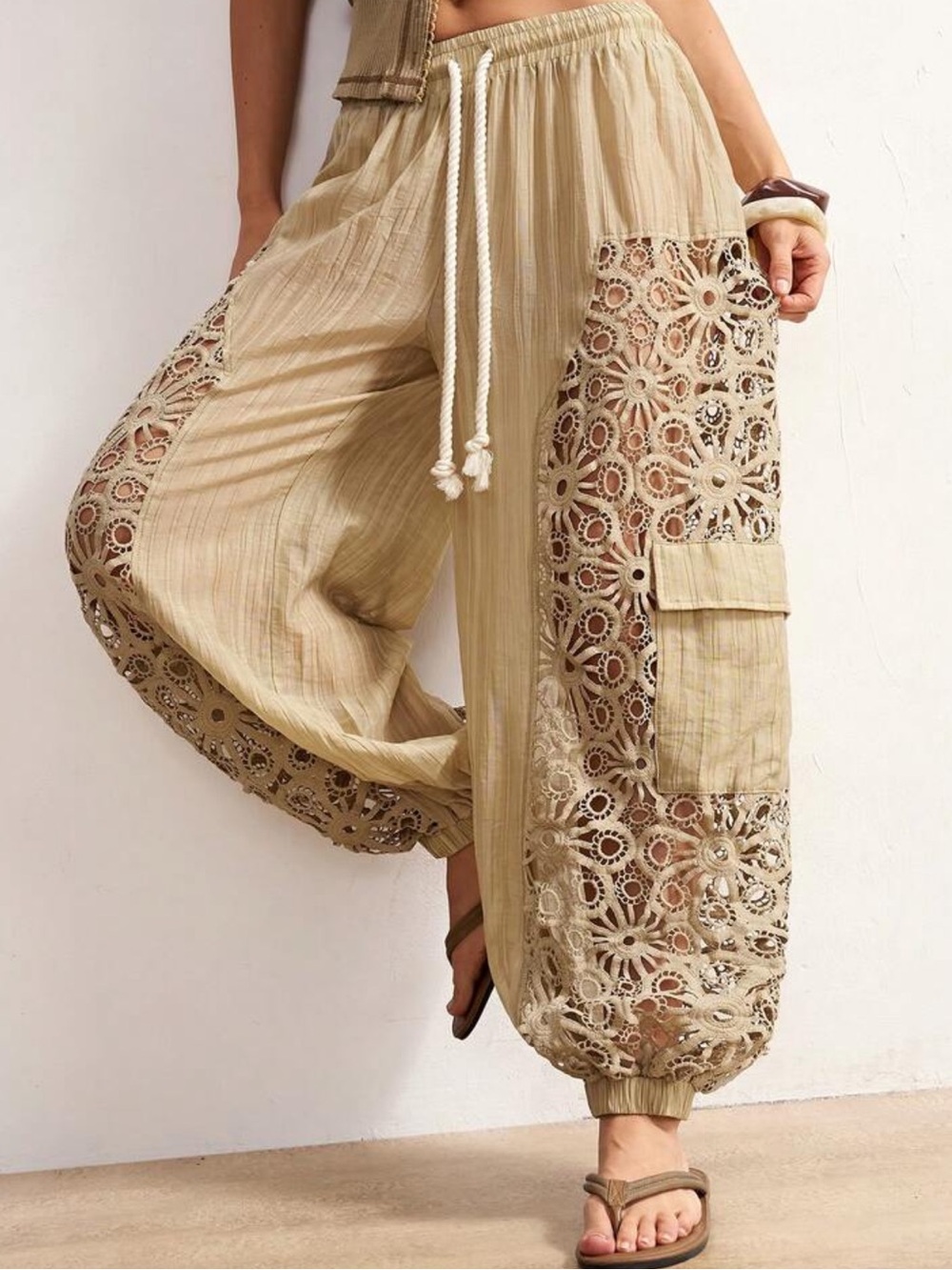Boheme Beige Wide-Leg Patchwork Crochet Pants
